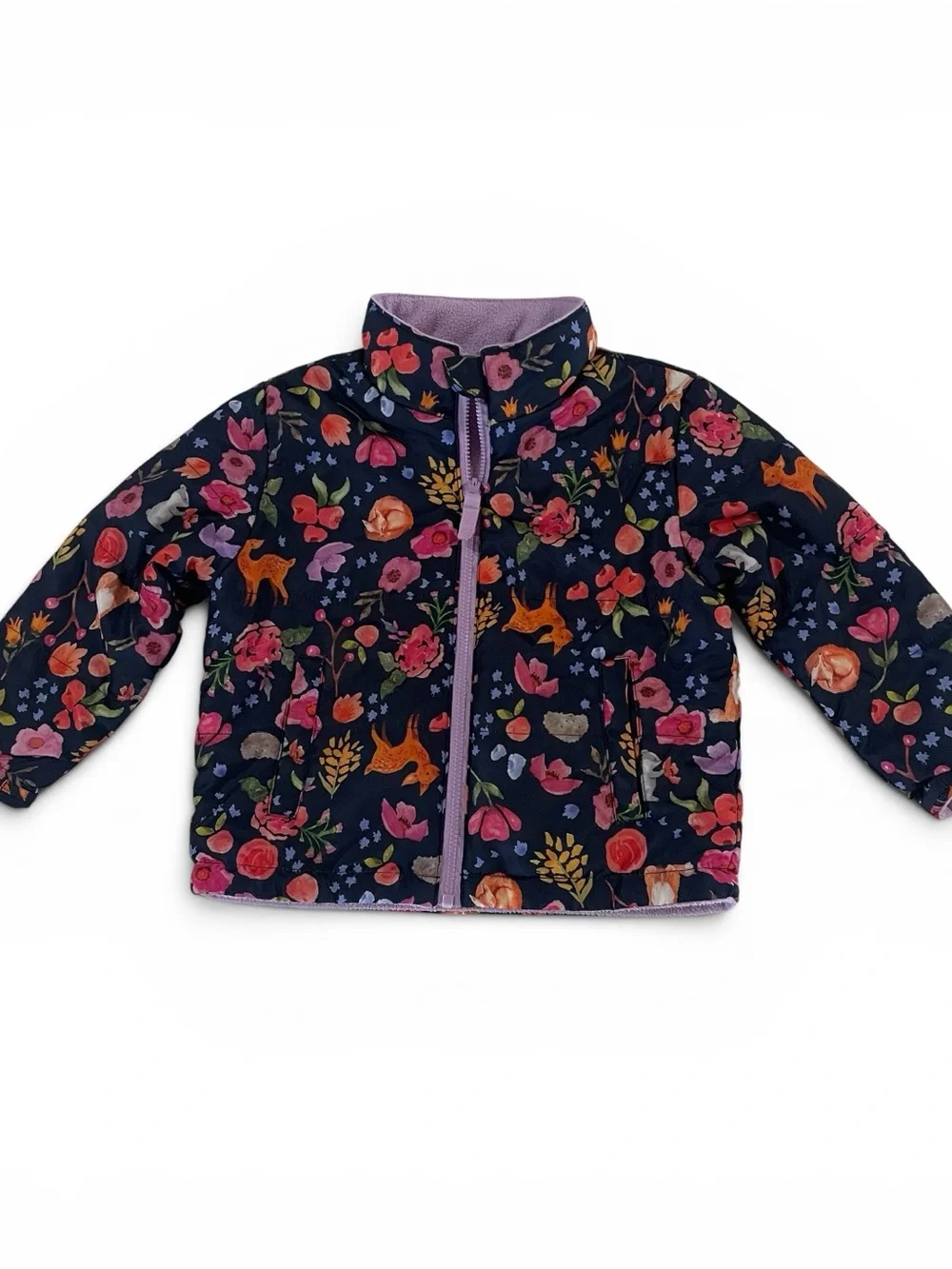 Girls 2T Floral & Fox Navy Zip Puffer Jacket with Lavender Lining